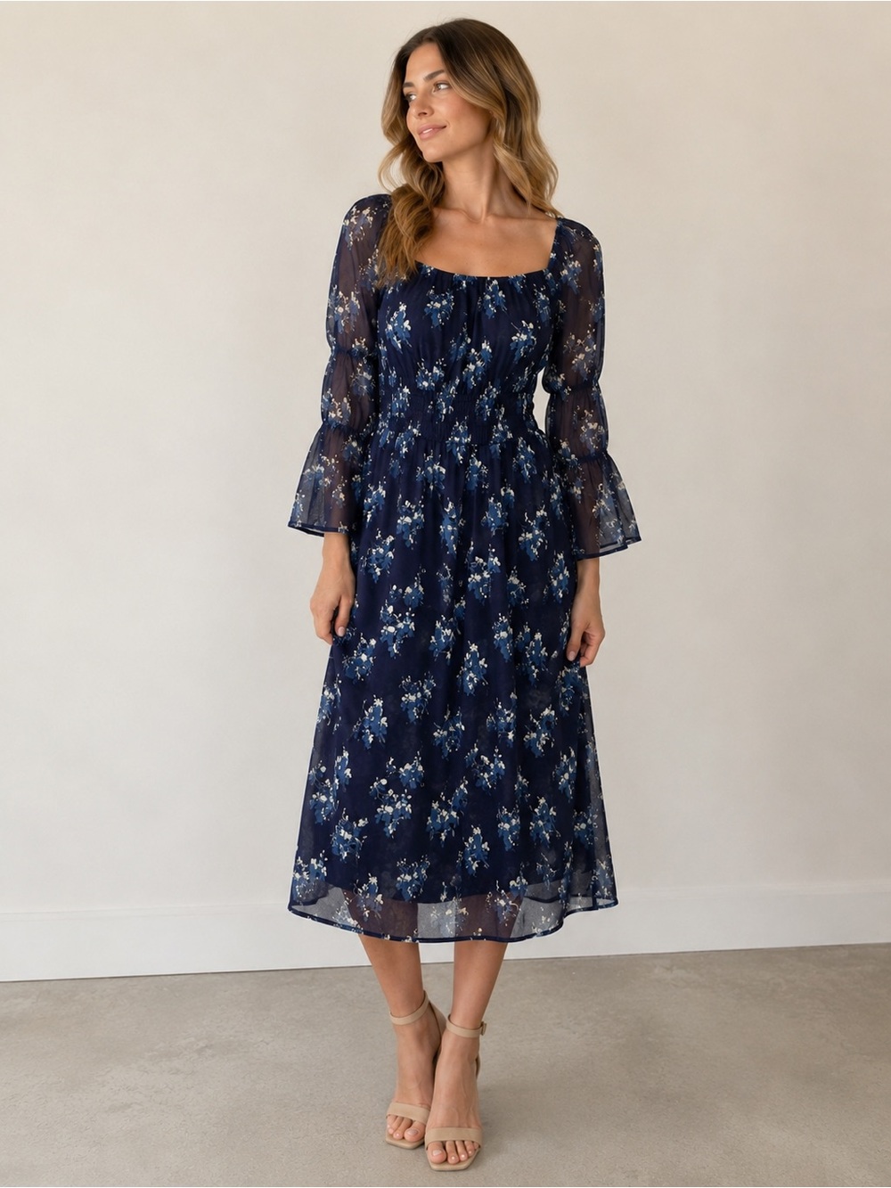 Floral Navy Square-Neck‎ Midi Dress